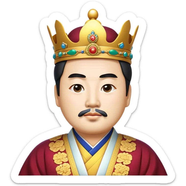 Cinematic Realistic King Sejong Portrait Emoji, depicted as a wise benevolent monarch in traditional Korean royal attire with a thoughtful gaze, rendered with intricate textures and regal soft lighting that captures his historical significance. sticker
