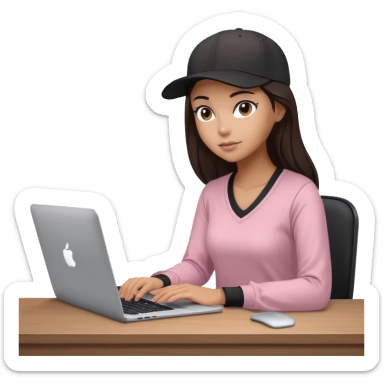 A professional 3D avatar of a young woman with olive skin and long, dark brown hair, wearing a dark, long-sleeved V-neck dusty pink shirt and a black baseball cap. She's sitting at a sleek wooden desk, typing and looking at a silver MacBook.  sticker