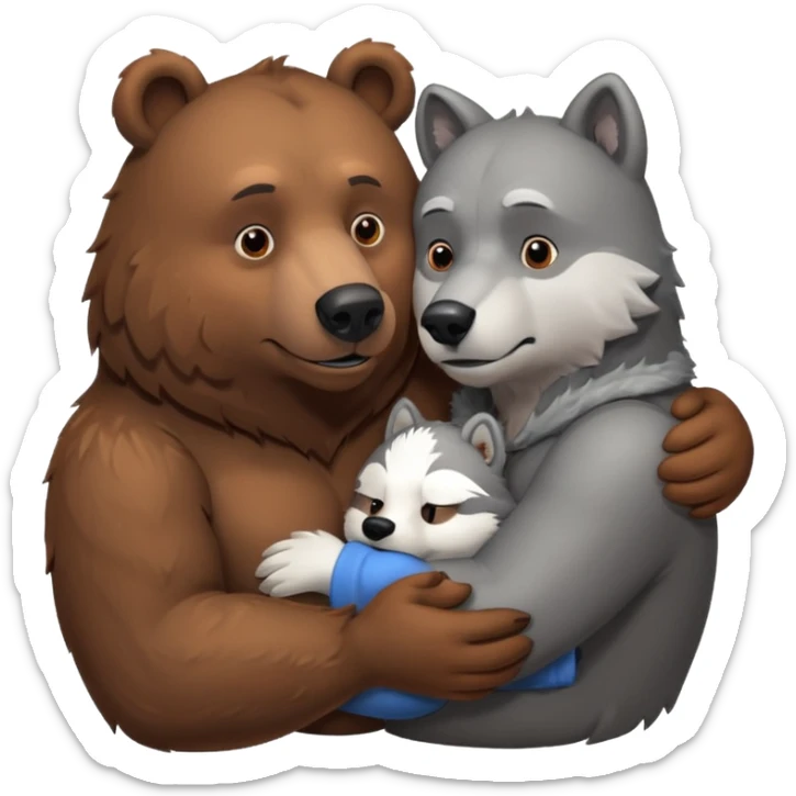 A beefy brown bear cuddling a grey wolf. Both of them are males and in love.  sticker