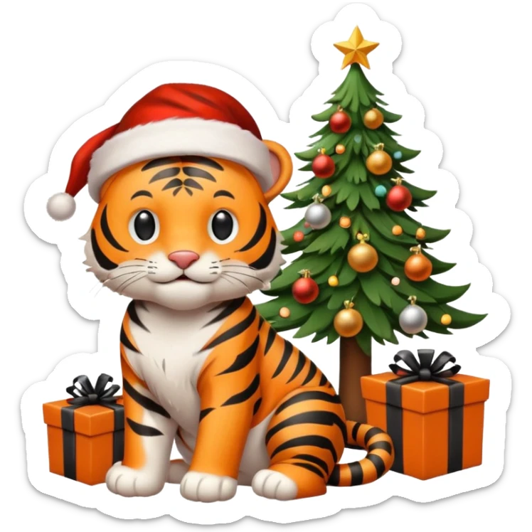 Happy tiger by a Christmas tree with gifts wearing a Santa hat in a decorated room sticker
