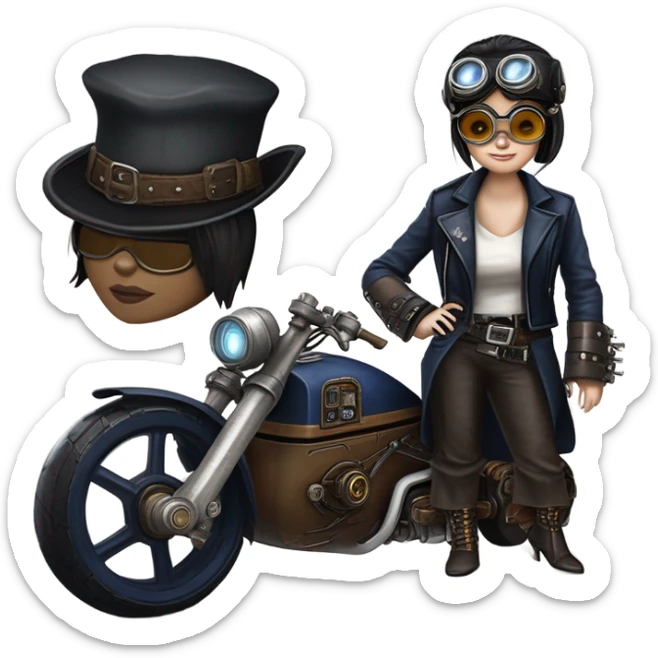 Bounty hunter Wednesday Addams Jedi wearing a pair of navy-blue rimmed steampunk goggles, hat, leather chaps, fringe jacket riding a relaxed distressed 1932 sci-fi 3 wheeled steampunk electric motorcycle with large fenders and saddlebags in desert town  sticker