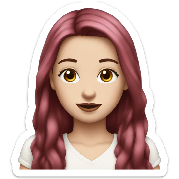 Long dark red middle part hair very Long lashes, white skin and pink lips, braces sticker