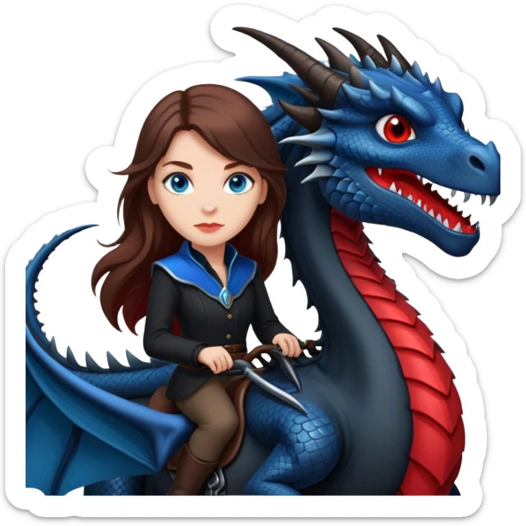 Me, a white female with long brown hair, and blue eyes, wearing black and red, and riding a VERY BLACK wyvern/dragon with HINTS of RED, to your work sticker