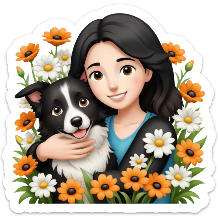 A girl happily hugs a black and white border collie in the flowers sticker