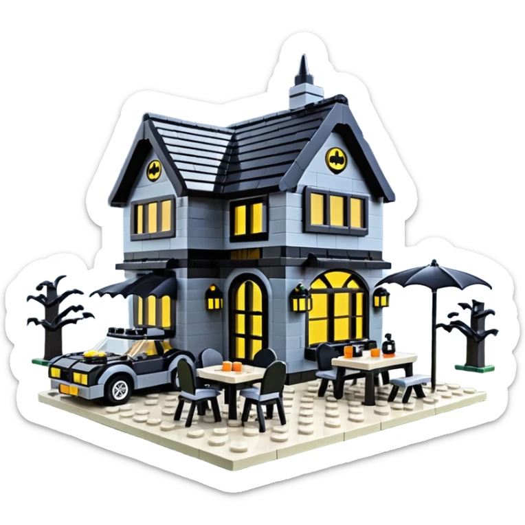  Ultra cute futuristic Lego Haunted Batman and pretty Catwoman dream house Caravan with picnic table and folding chairs alone at romantic night  sticker