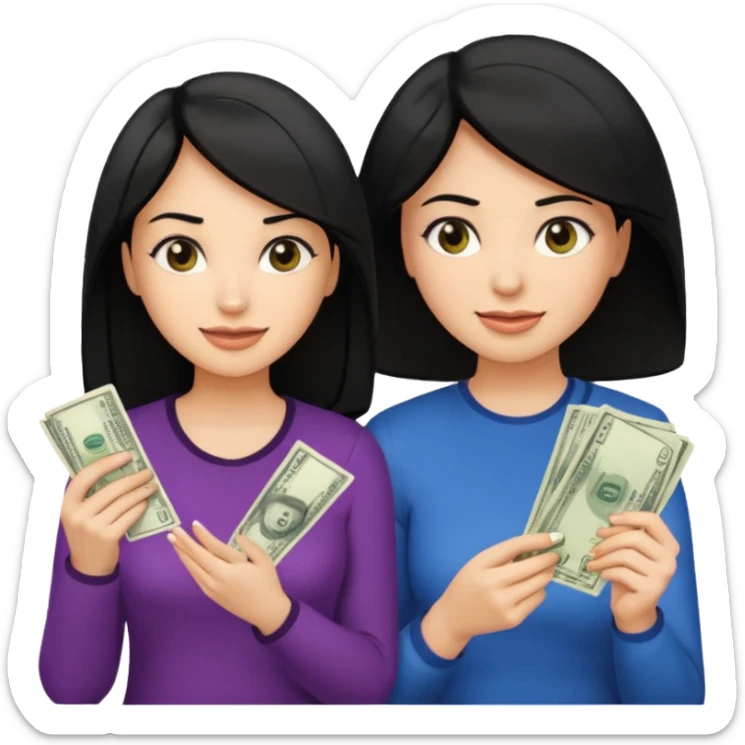 Chica cabello negro, en el marketing digital, que esté preocupada por facturas y otra que esté alegre de ganar dinero  sticker