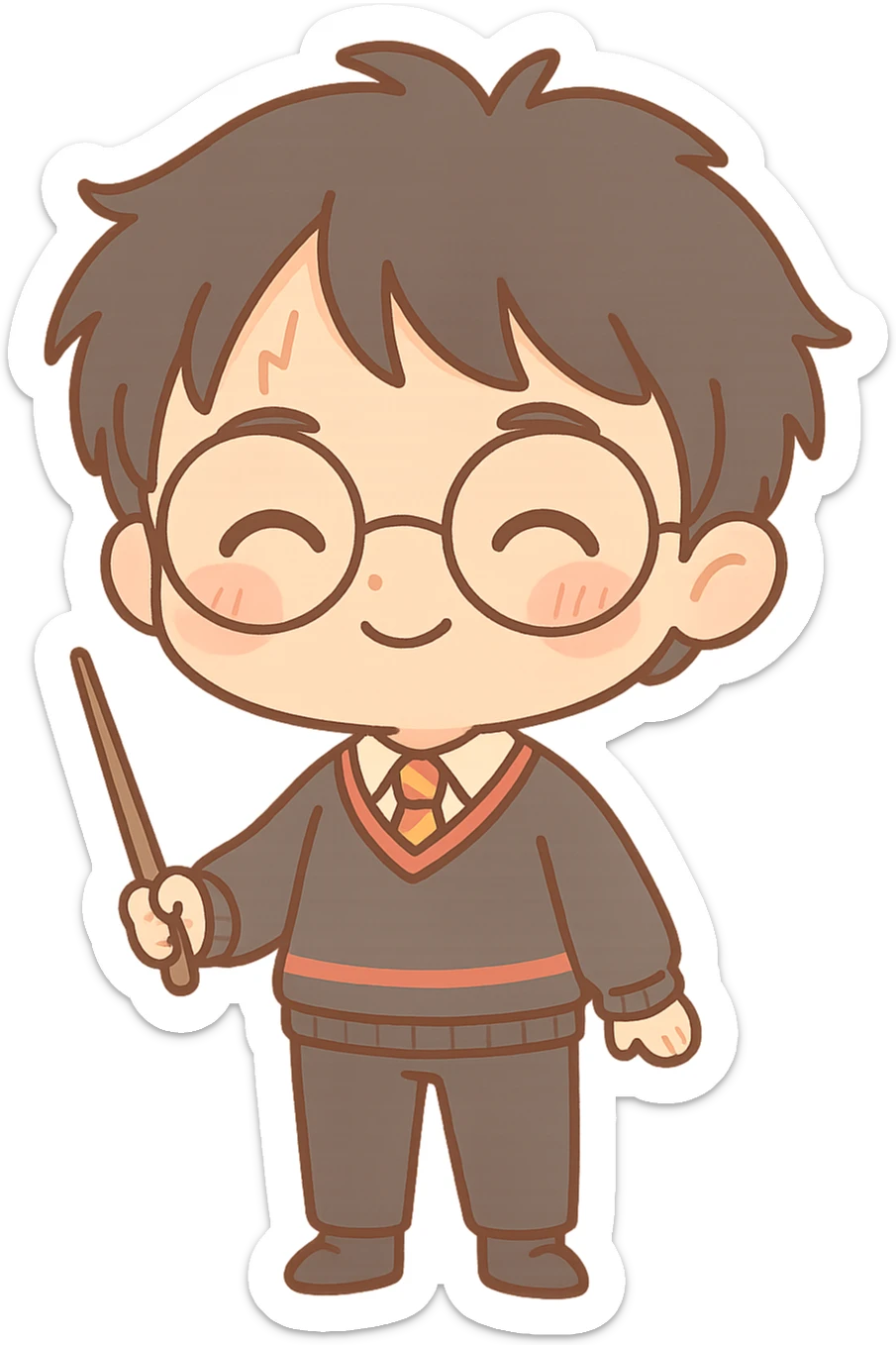 Chibi kawaii Harry Potter with exaggerated proportions (big head, small body), clean lines and dark brown thin outline, happy expression with closed arched eyes, subtle smile, rosy cheeks. Classic Gryffindor uniform: dark gray sweater with red and gold stripes, white shirt, red/gold striped tie, dark dress pants, black socks and shoes. Holding wand. Messy black hair, scar on forehead. Warm, earthy, pastel palette, light cel shading, neutral or transparent background. sticker