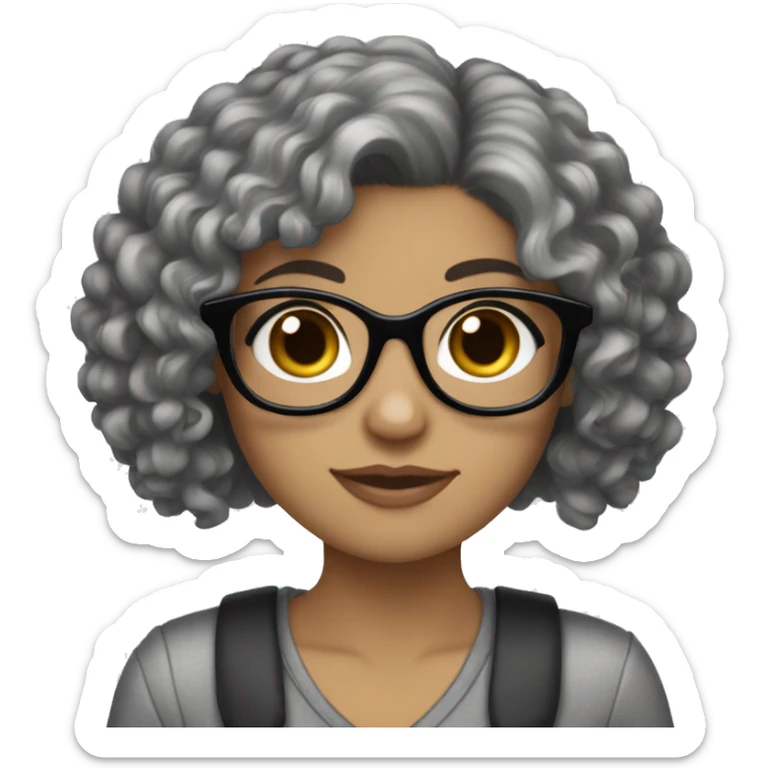 A White girl with curly black hair and glasses holding a Yorkie  sticker