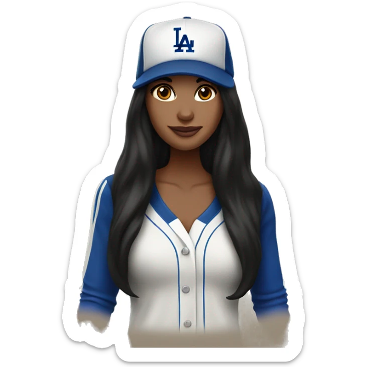 Woman, long black hair, fair skin, brown eyes, LA Dodgers hat, birthday party sticker