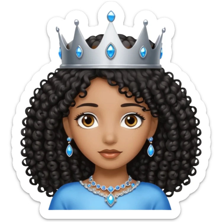 Por favor hazme el emoji de la princesa pero morena con el pelo negro y rizado, los ojos marrones y la corona plateada con jollas azules sticker