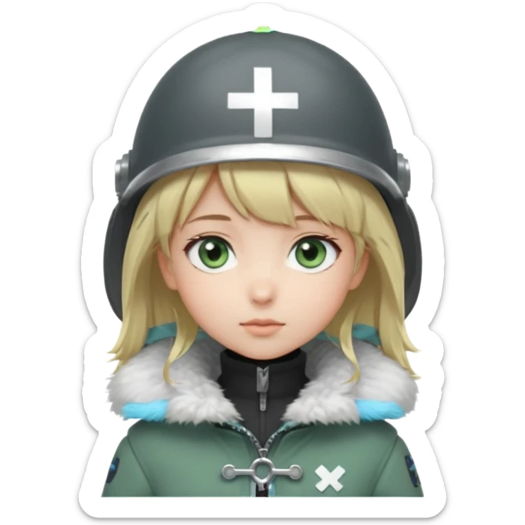 a cute anime girl with short blonde hair and soft bangs, large light blue eyes, and a gentle, calm expression. She is wearing a dark gray helmet with a small cross symbol on the front and a green coat with a fluffy white fur collar. Minimalistic, soft, and innocent character design. sticker