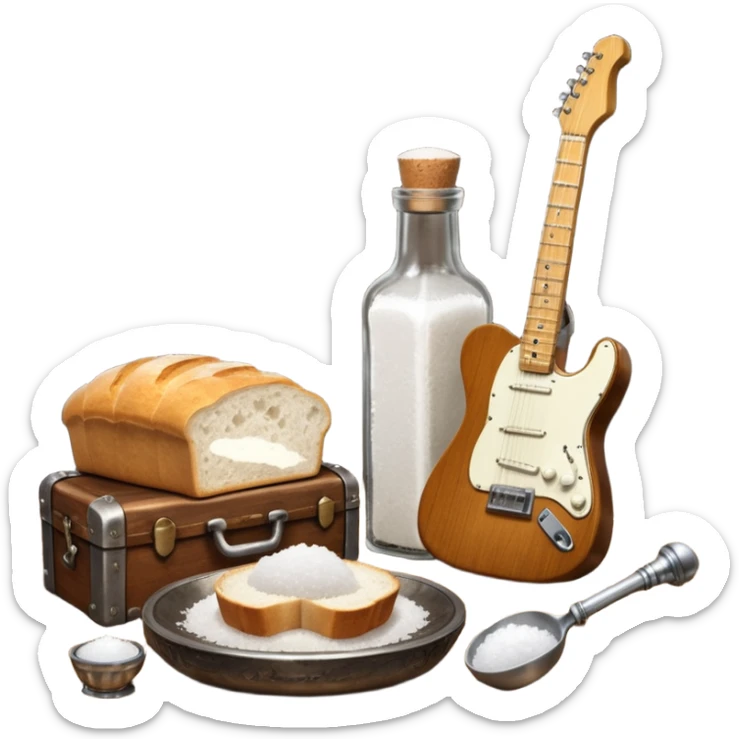 cinematic ultra HD steampunk victorian - a bottle of salt (salt shaker) and a loaf of peasant bread with a small electric telecaster guitar - still life composition sticker