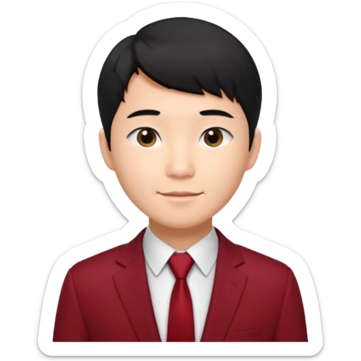 handsome Asian man emoji, short black hair with soft fringe, clean and elegant look, fair skin, gentle smile, wearing dark red suit and white shirt sticker