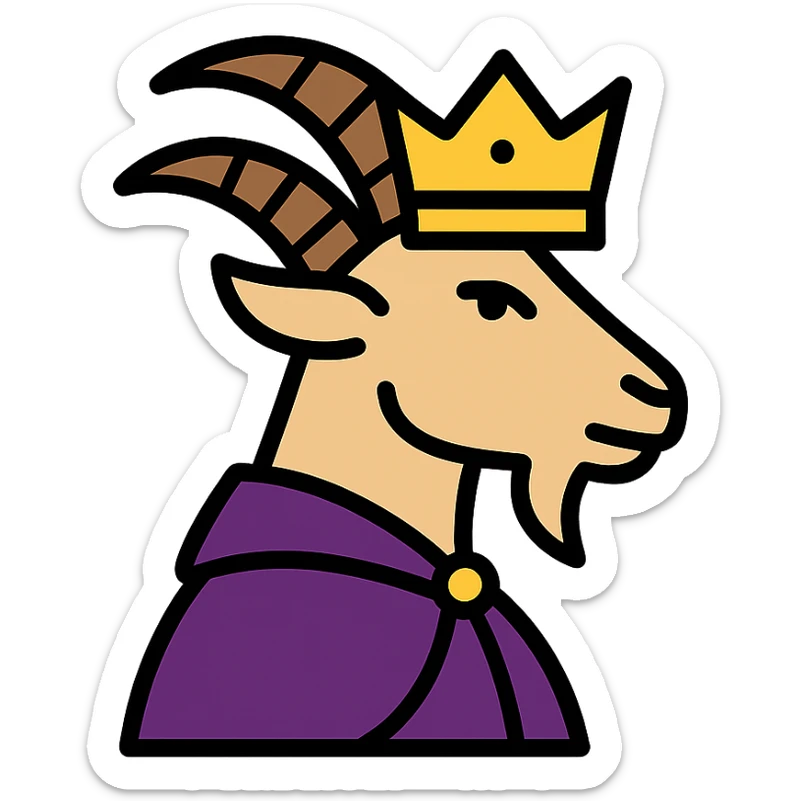 a goat wearing a gold crown and a purple cape, regal and proud, clean modern icon style sticker