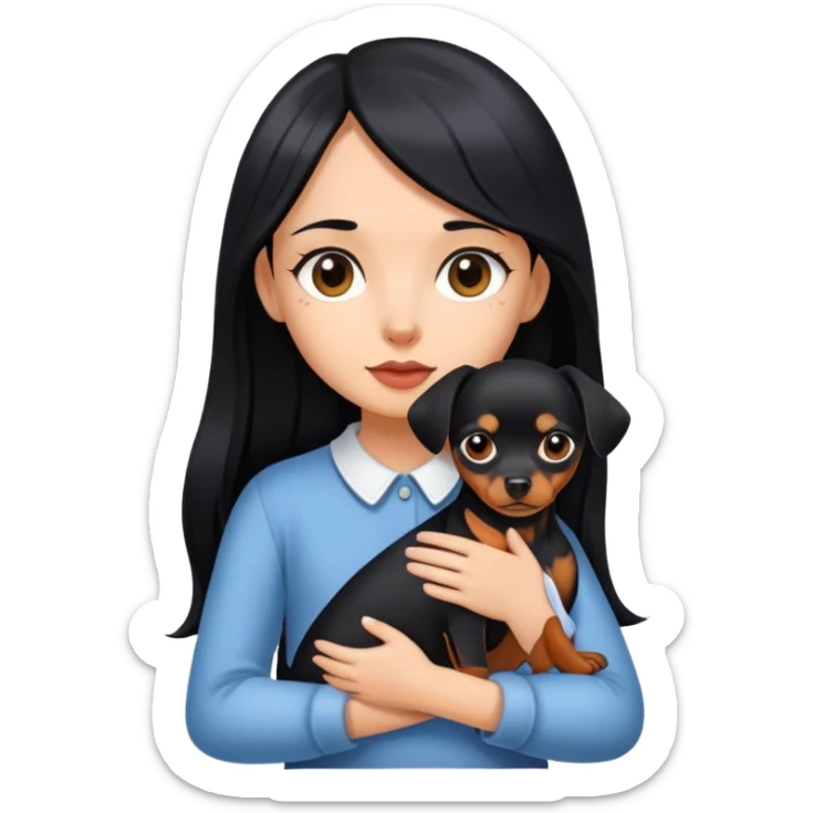A girl with long black hair holding a Pinscher dog sticker