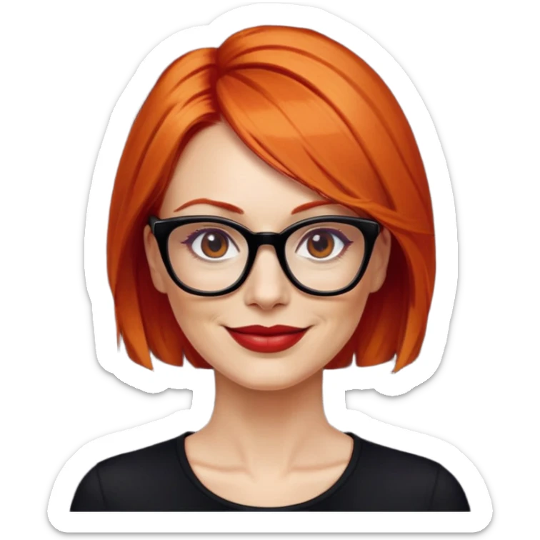 nữ 40 tuổi, da trắng,môi đỏ thẫm, tóc búi gọn gàng màu cam, đeo kính đen, mặt cười tươi, hơi có nếp nhăn, áo đen sticker