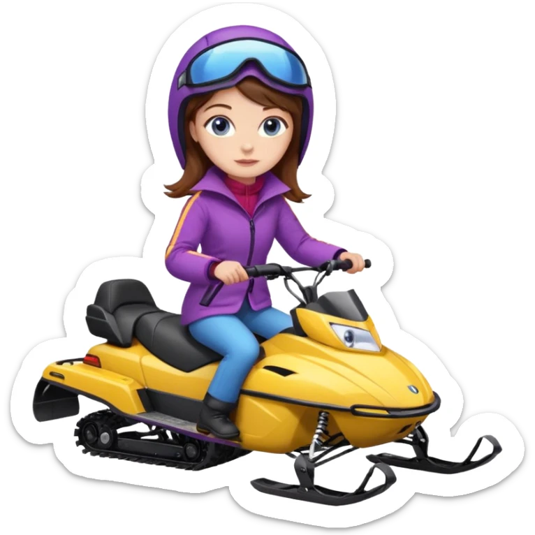 Brown hair, very blue eyes, Woman wearing red coat  on purple and yellow striped snowmobile sticker