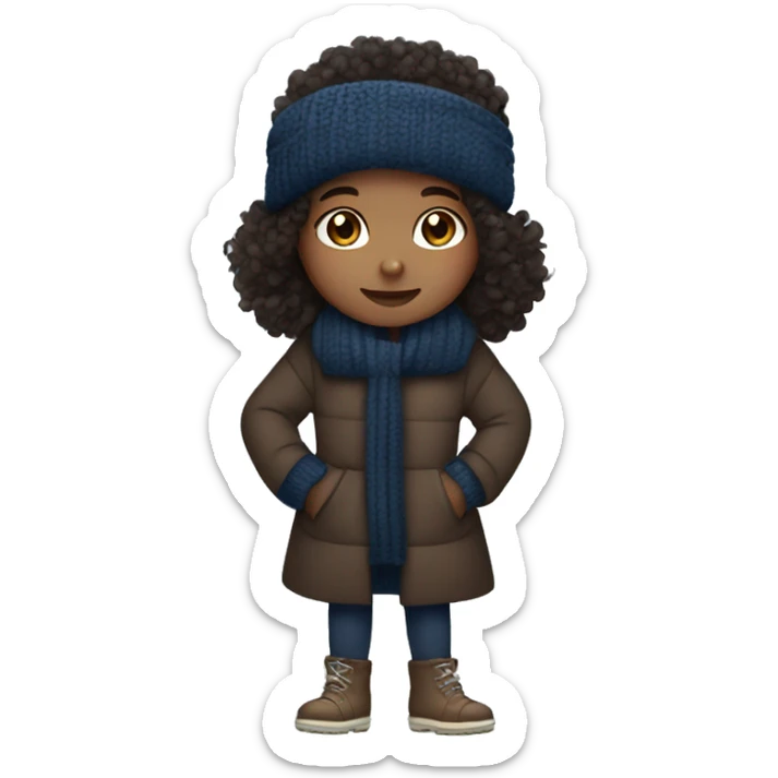 winter, christmas, hispanic, afro hair,  girl, brown eyes, child, full body, dark blue winter sweater, coat, headband sticker