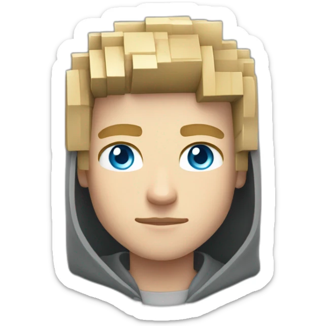 young blond man with gray-blue eyes dressed in a gray minecraft hoodie sticker