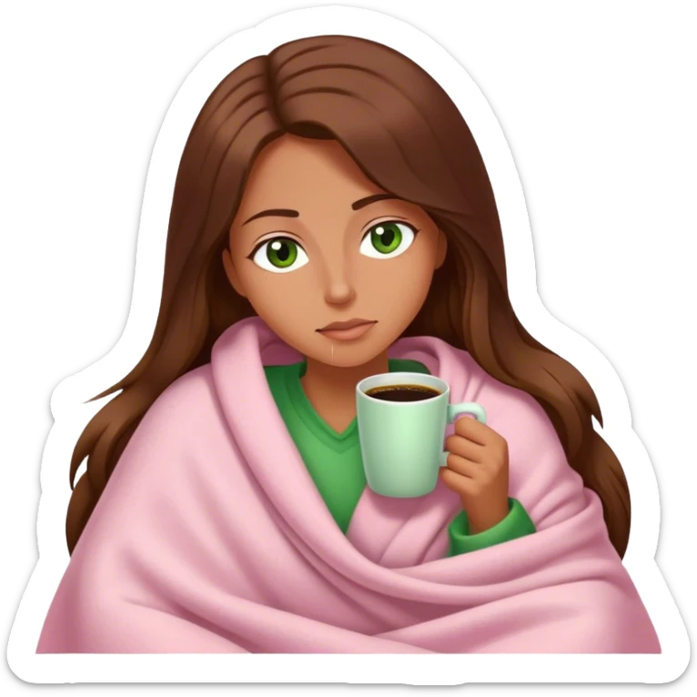 woman with very long brown hair and green eyes in a light pink blanket sleepy with coffee sticker