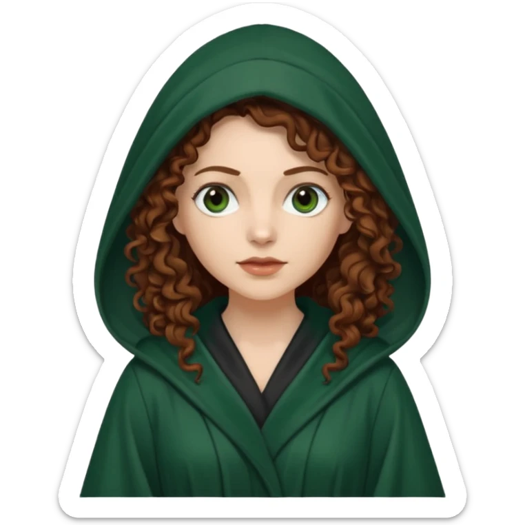 A white woman with long dark auburn hair robed and hooded like she's a Traitor in the tv show The Traitors. her hair is curly and the robe is a dark dark green sticker