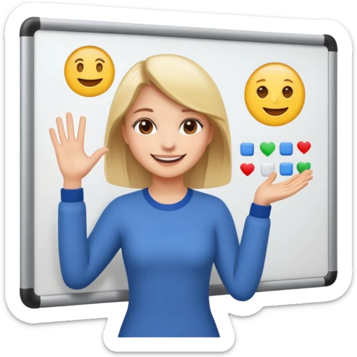 Make an emoji of a girl who is teaching how to make emojis on a board sticker