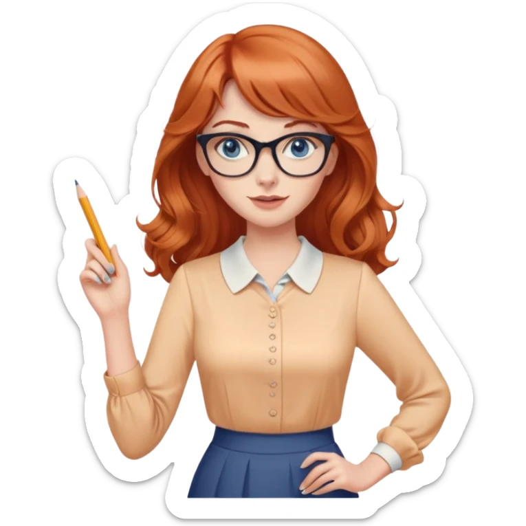 redheaded woman with long wavy hair and bangs, blue eyes, cat-eye glasses, pencil skirt, apricot blouse, holding a pencil, waving sticker