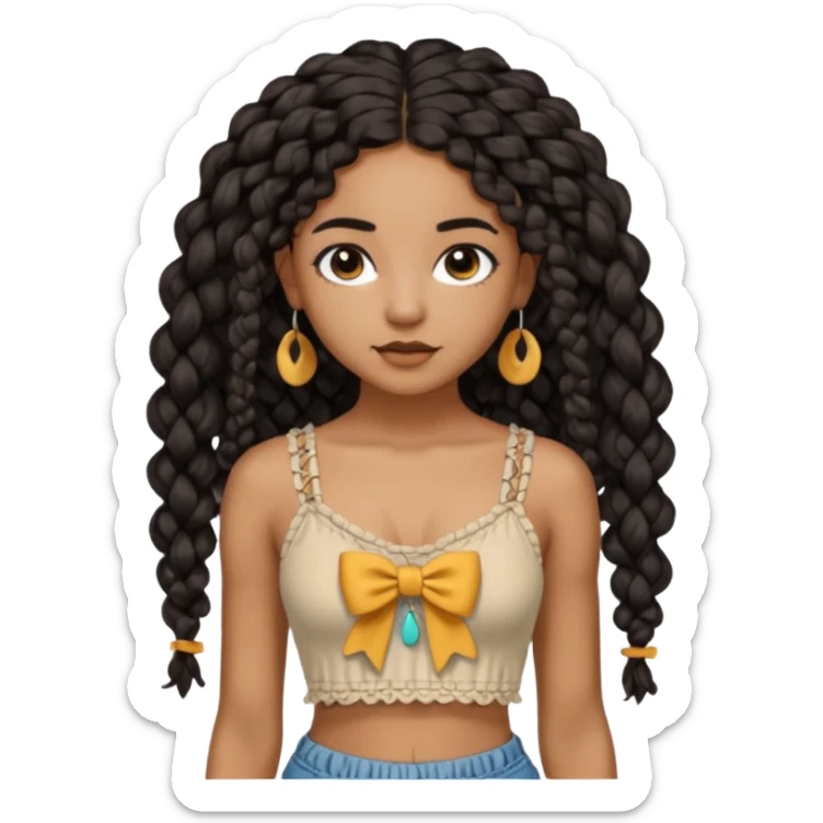 Girl with long black hair curly knotless boho braids mixed girl crop top with a bow on the crop top sticker