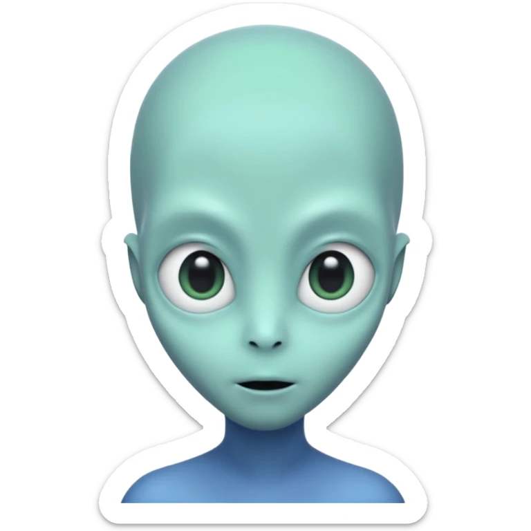 Portrait of an alien with smooth greenish-blue skin, large black oval eyes, small nose, and no visible ears, elongated head, front-facing, wearing t-shirt, soft glow, simple futuristic design sticker
