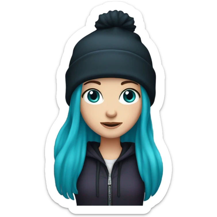 White girl, blue eyes, long teal hair, purple beanie hat, black hoodie, blue jeans, black shoes sticker