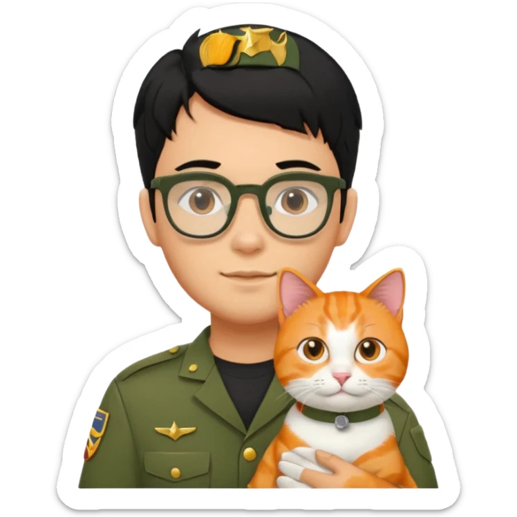 Veterinario hombre trigueño con lentes, con cabello negro, y con uniforme veterinario color verde militar cargando un gato naranja sticker