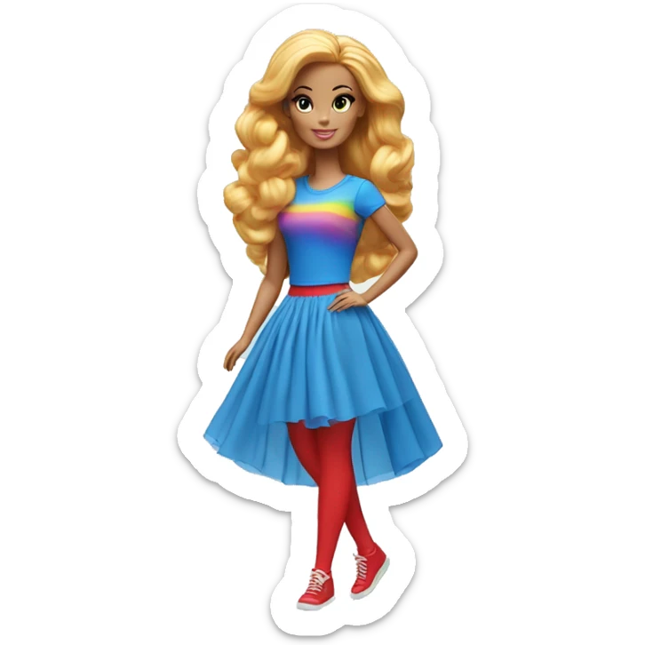 A Barbie with rainbow hair ,blue T-shirt,red tights and elongated blue chiffon skirt sticker