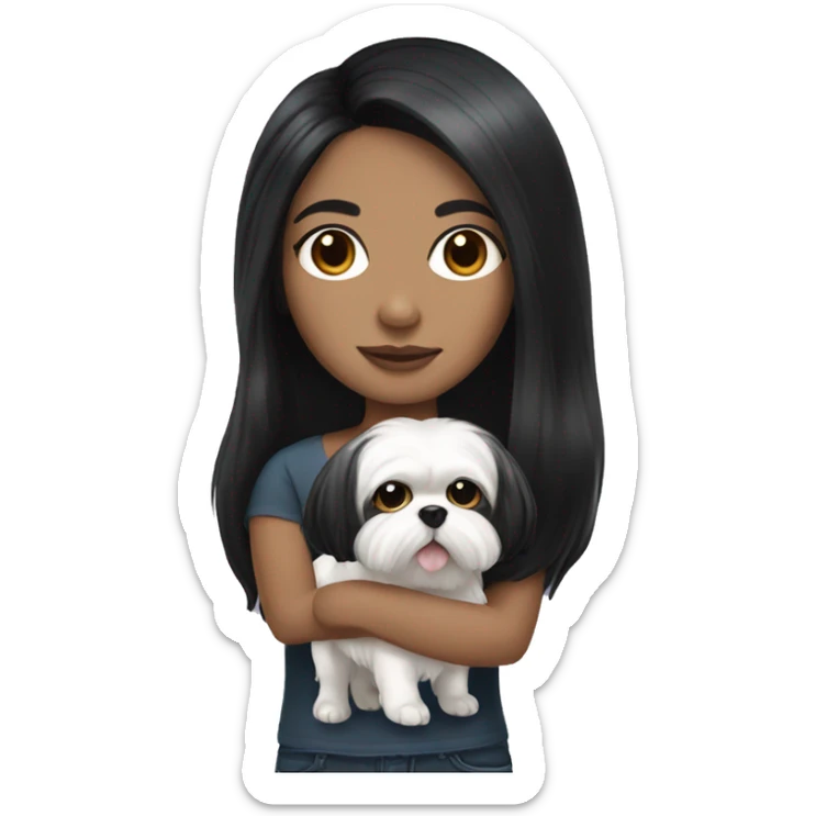 Colombian girl with long black hair, holding a white shih Tzu with black ears sticker