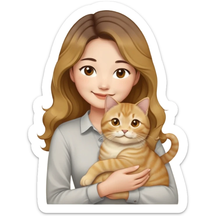 an Asian woman with long wavy hair, brown base with golden highlights. She is smiling gently and wearing a light-colored shirt. She is holding a golden shaded British Shorthair cat (BY23 color) in her arms. The cat looks fluffy and has round golden eyes.  sticker