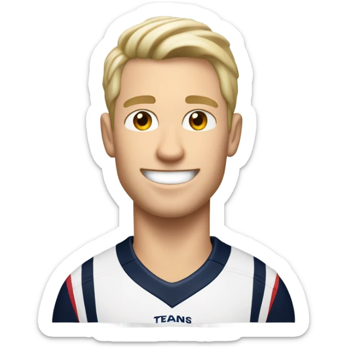 Skinny Caucasian male blonde combed over hair smiling wearing a Houston Texans polo sticker