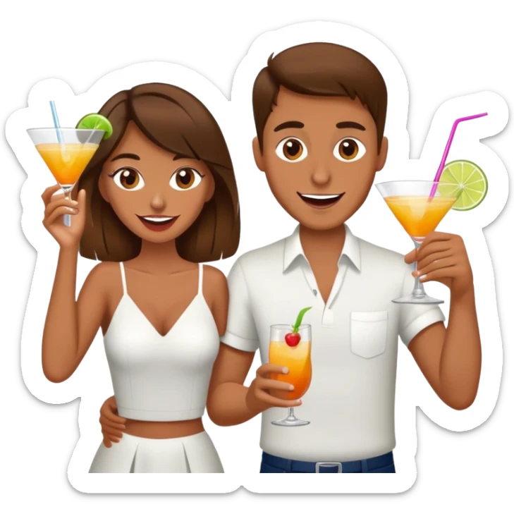 couple situacion brown hair drinking cocktail and dancing, crazy face sticker