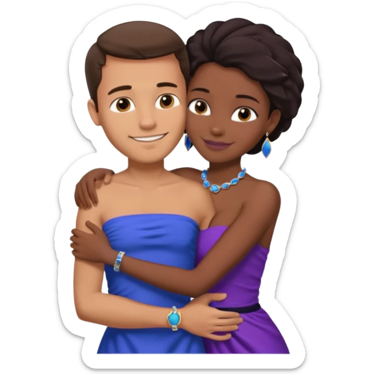 Tan tall brunette European male in blue shirt smiling and hugging a jet black African girl in purple strapless dress and blue jewelry they are on a beach with blue ocean water and palm trees sticker