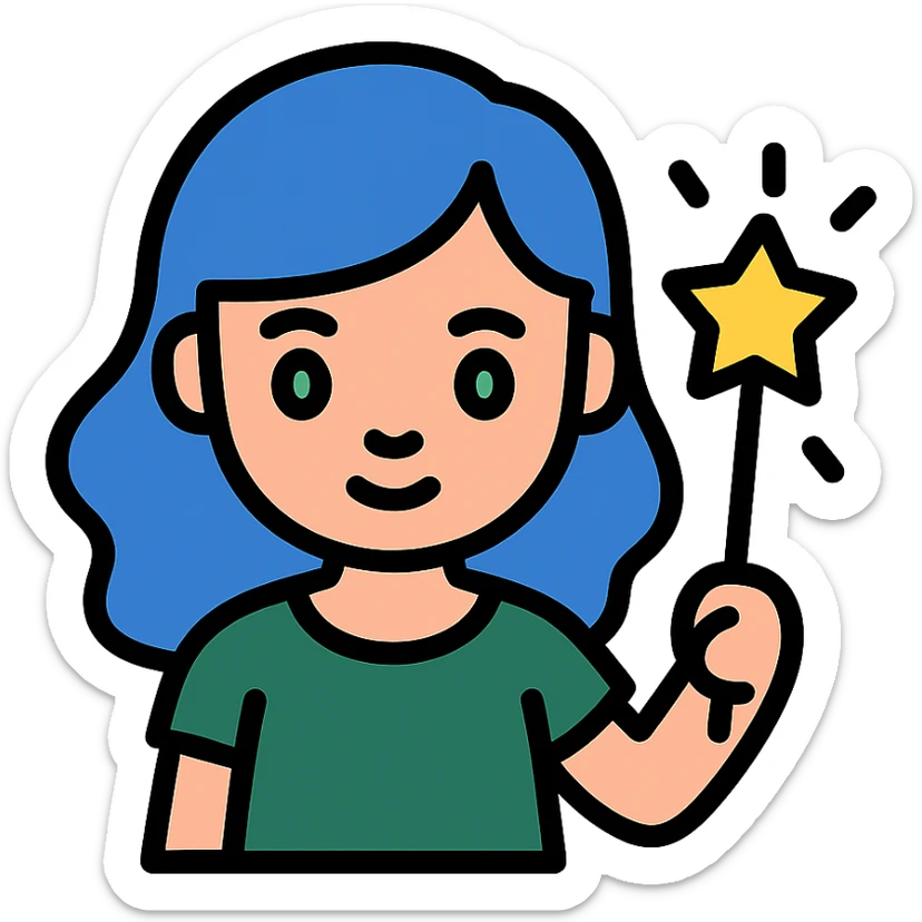 beautiful girl with blue hair and green eyes, holding a magic wand, wearing a dark green dress, color icon style sticker