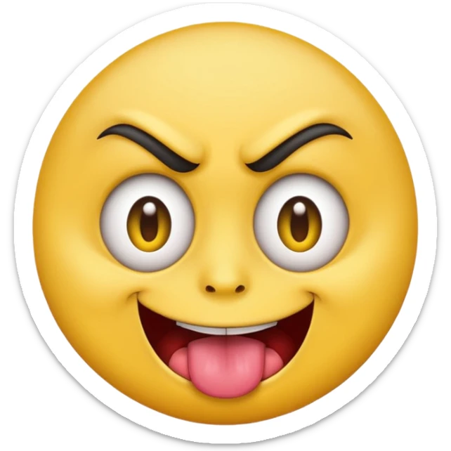 A yellow round face emoji smirking with its tounge out but the eyes are evil and kind of crazy and the eyebrows are turned in but one is raised  sticker