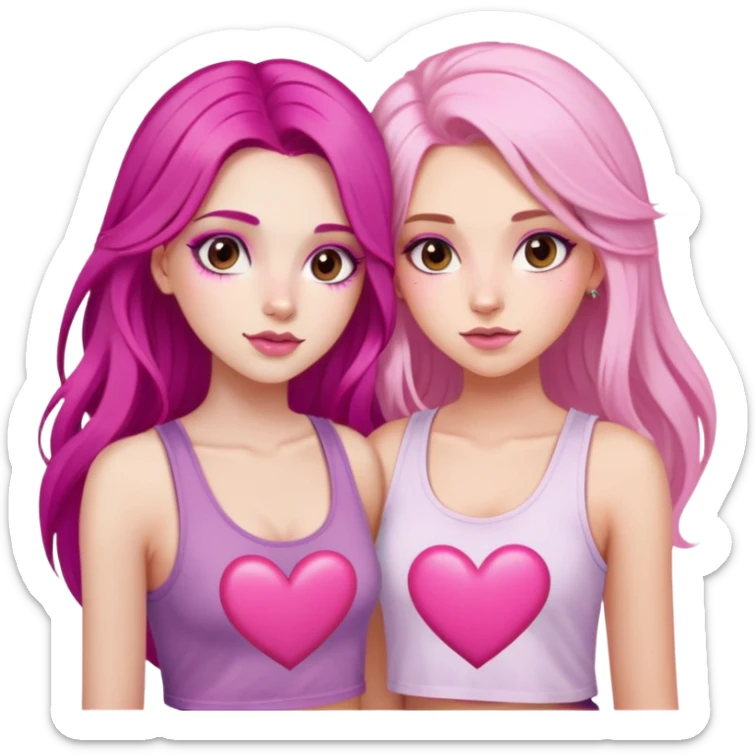 gorgeous pale girl with long magenta pink hair latina makeup next to a gorgeous girl with blonde hair brown eyes and a light pink heart above them both wearing cropped tank tops sticker
