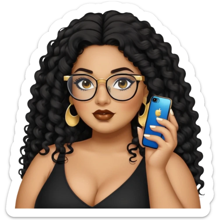 big plus size, latina, darker tan skin, long black curly hair, baddie,pretty, makeup, lipgloss, black eyeliner, long hair, SMALL gold earrings, black top, black glasses sticker