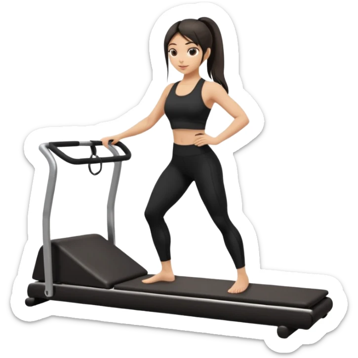 a girl doing reformer pilates, she is wearing a black fit and she has dark straight and loose hair sticker