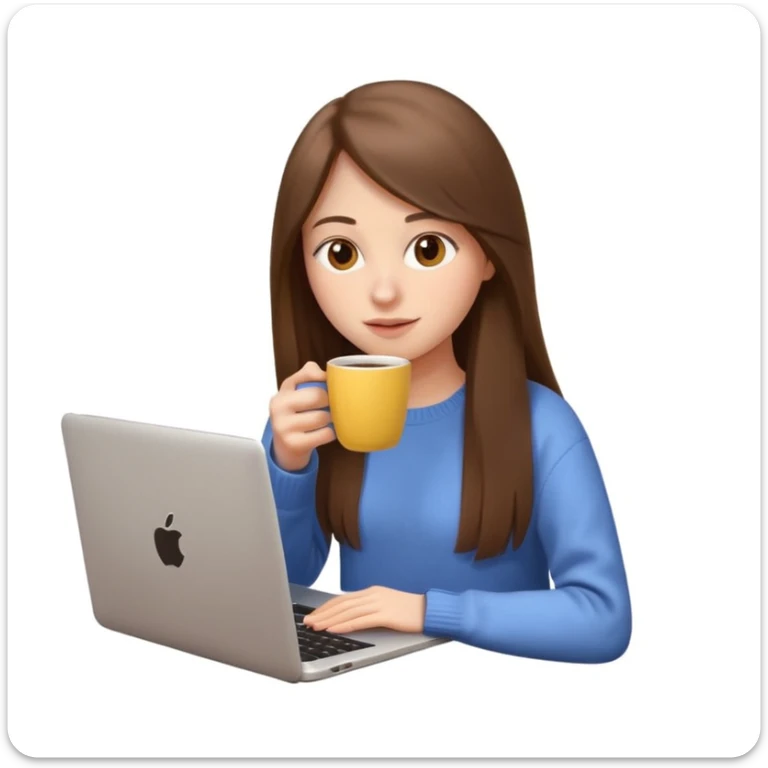young woman 20 years old, long straight brown hair, wearing a sweater, drinking coffee and working on a laptop, 3D Apple emoji style, light yellow background sticker