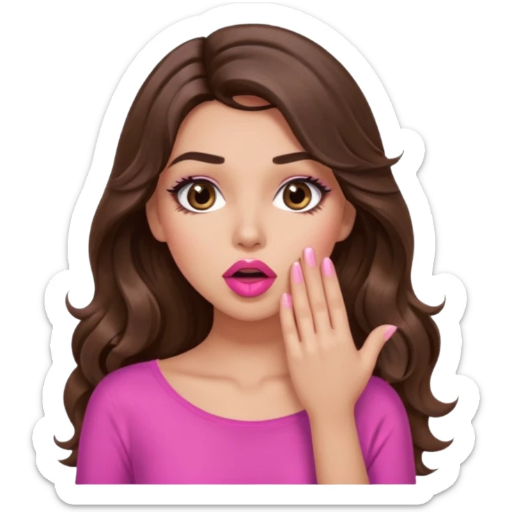 girl with long wavy brown hair, brown eyes, long lashes makeup, sexy pink lips, light to medium complexion, pink sexy top, shocked, hand covering mouth sticker