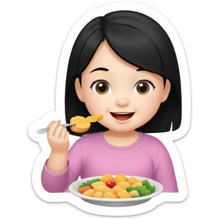 eating food well baby with happy face black hair girl sticker