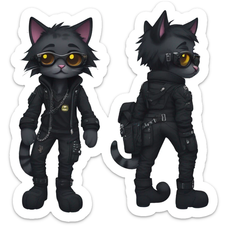Gorgeous dark techwear cyberpunk style anthro cat sona, punk aesthetic, and pretty edgy black with collar and harness, trending style sticker