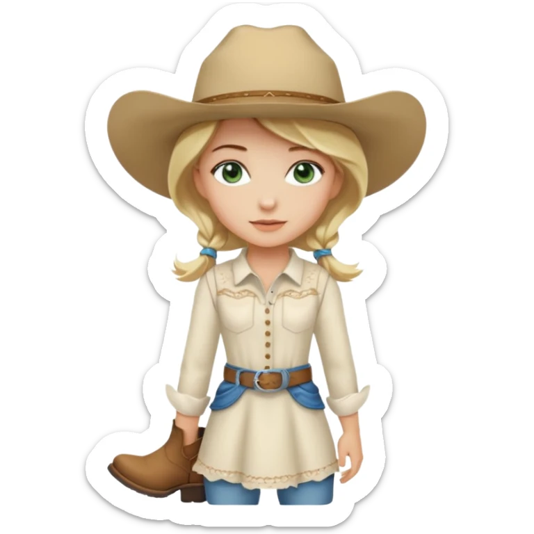 cowgirl bionda con occhi verdi/azzurri con un vestito bianco stivali e cappello beige sticker