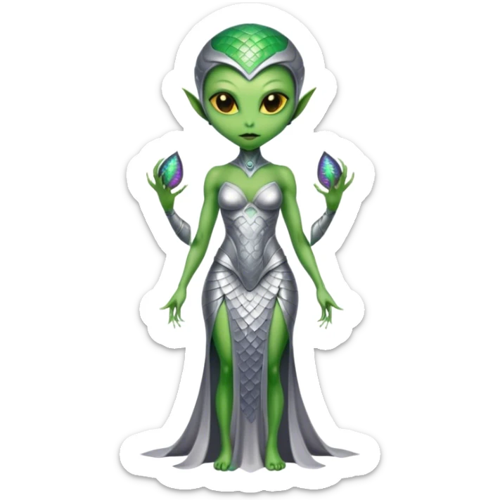 Green Alien woman with scales skin in silver dress, full figure, yellow eyes sticker