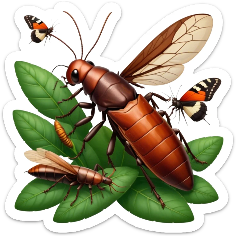Close-up of giant Madagascar hissing cockroaches, butterflies, and stick insects in their natural habitat. The insects are shown in detail, highlighting their unique textures and colors, surrounded by plants and leaves. Soft lighting to enhance their features. Transparent background. sticker