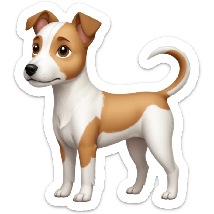 a full body slightly chubby white parson russell terrier looking dog the size of a kelpie with light brown long ears and a light brown patch on one eye and a large snout sticker